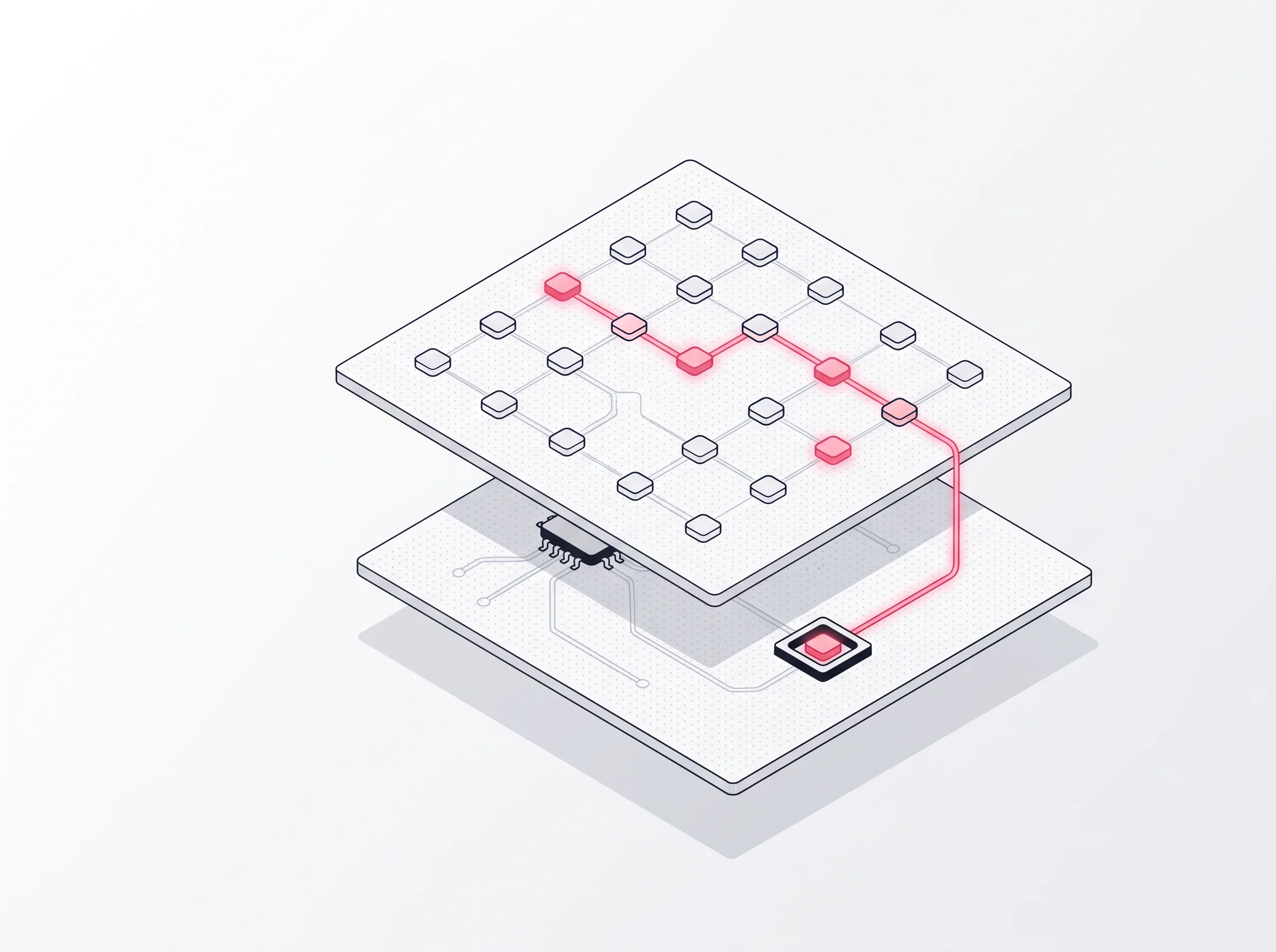 Isometric illustration of the Vectry causal graph: event nodes connected across stacked system layers
